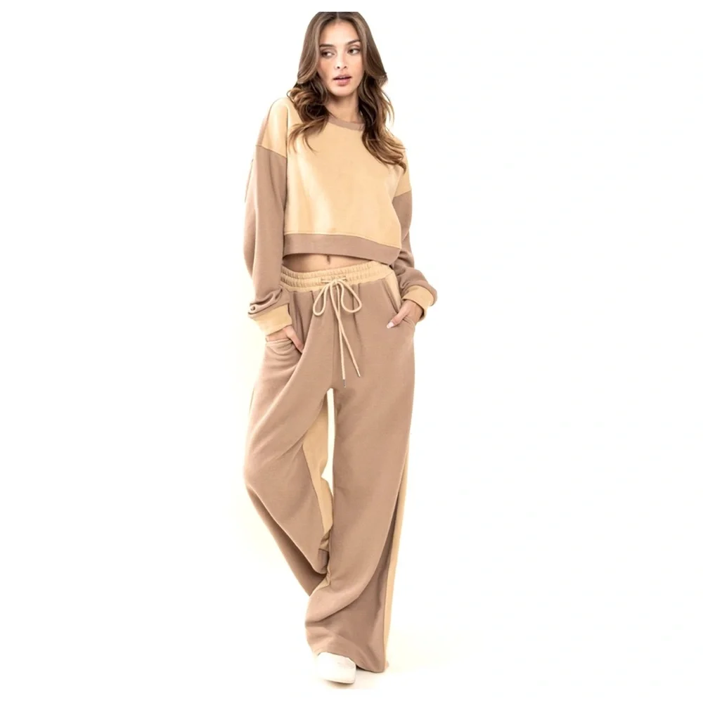 01 Comfy Waffle Contrast Sweatshirts and Pants Set - Picture 1 of 4
